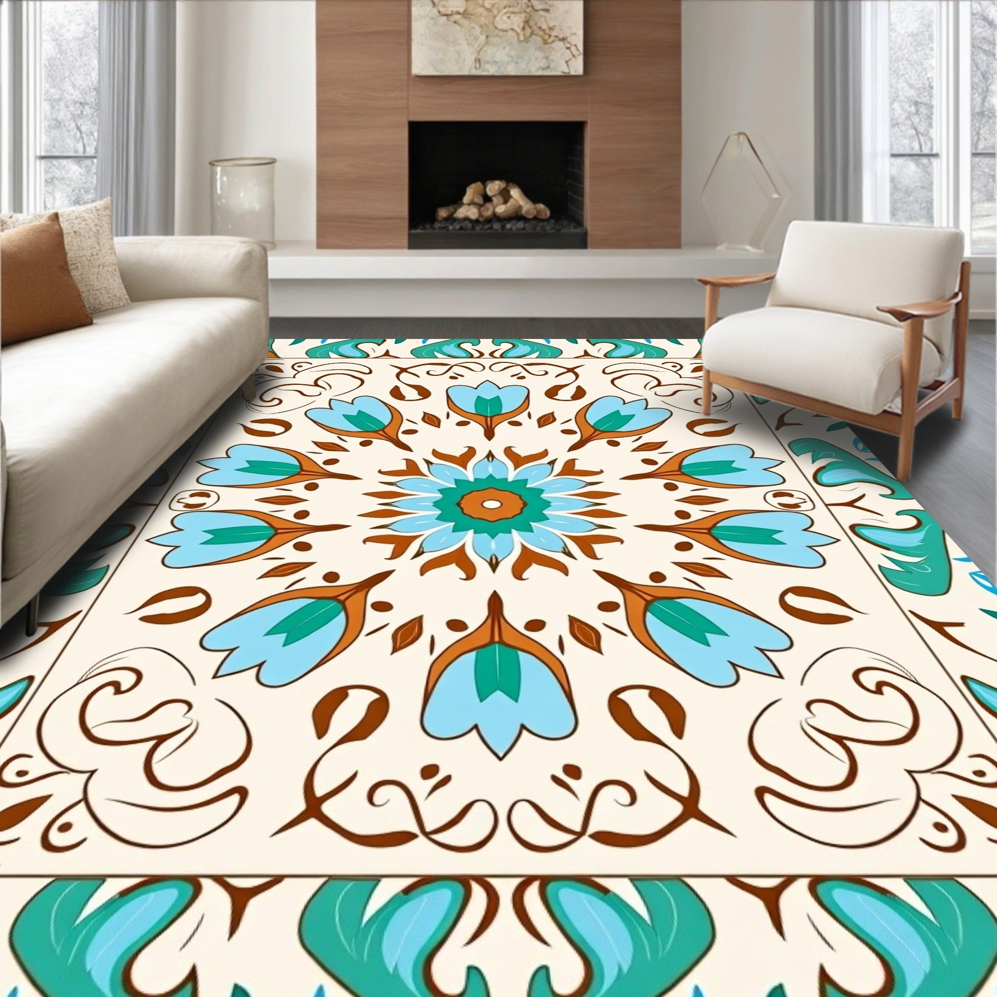Cream Teal Coral Floral Medallion Rug