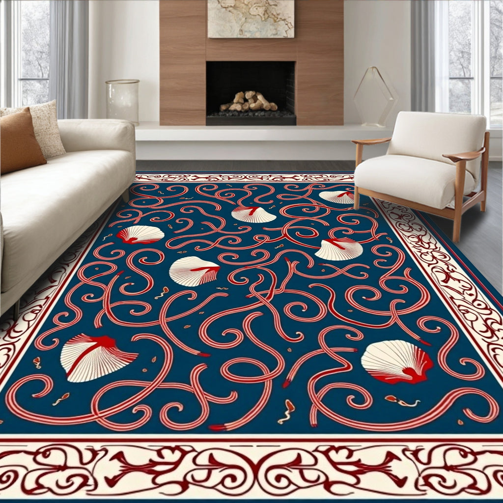 Deep Blue Red Seashell Scroll Rug