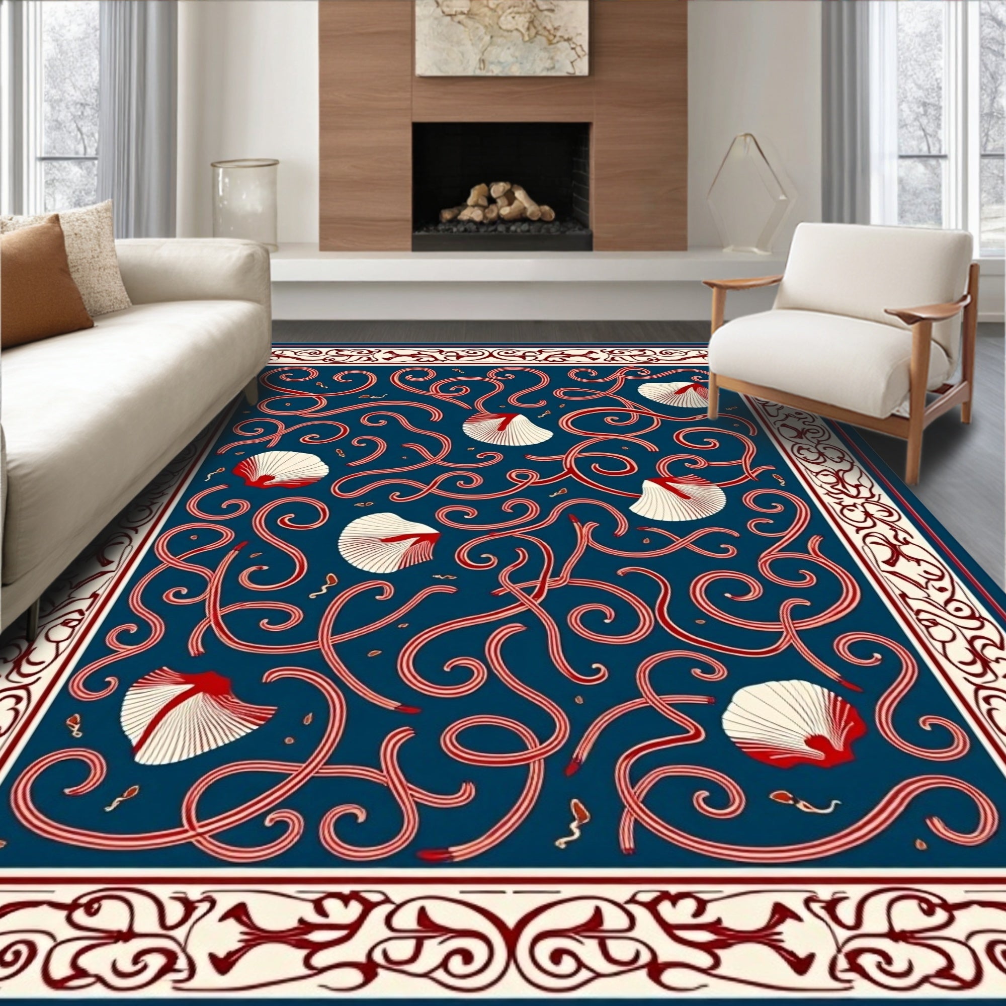 Deep Blue Red Seashell Scroll Rug