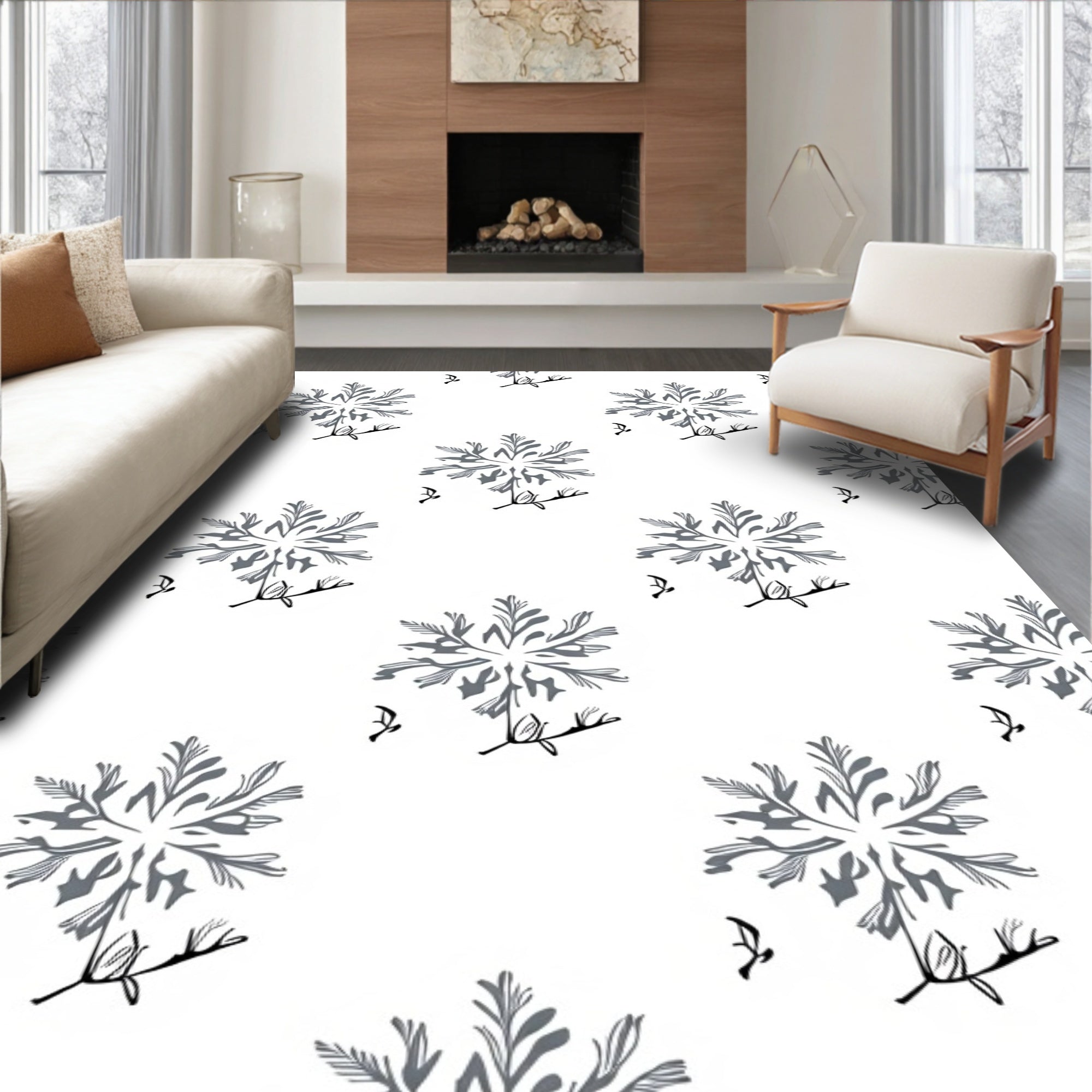 Gray Floral Branch Bird Art Rug