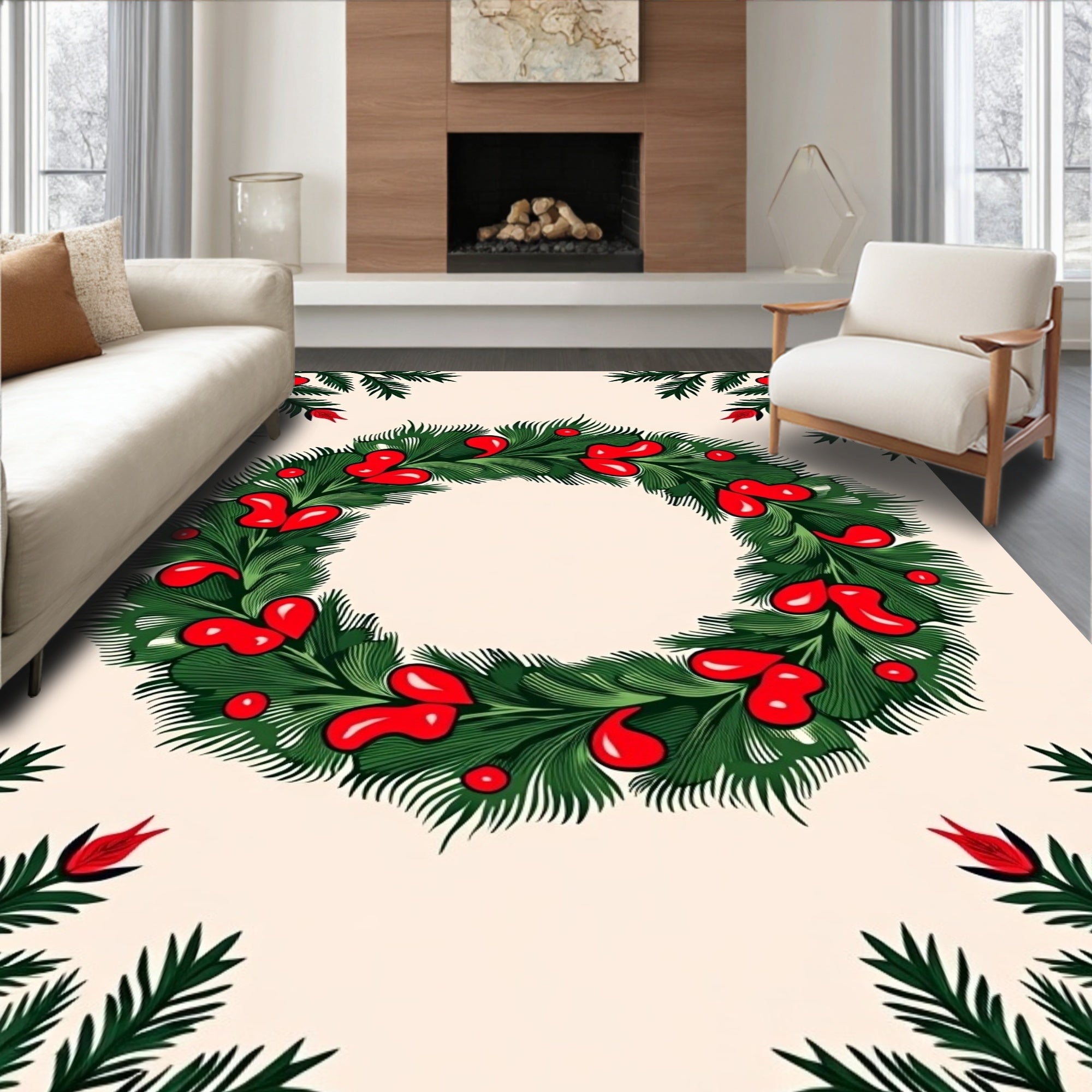 Festive Green Wreath Red Berry Garland Rug