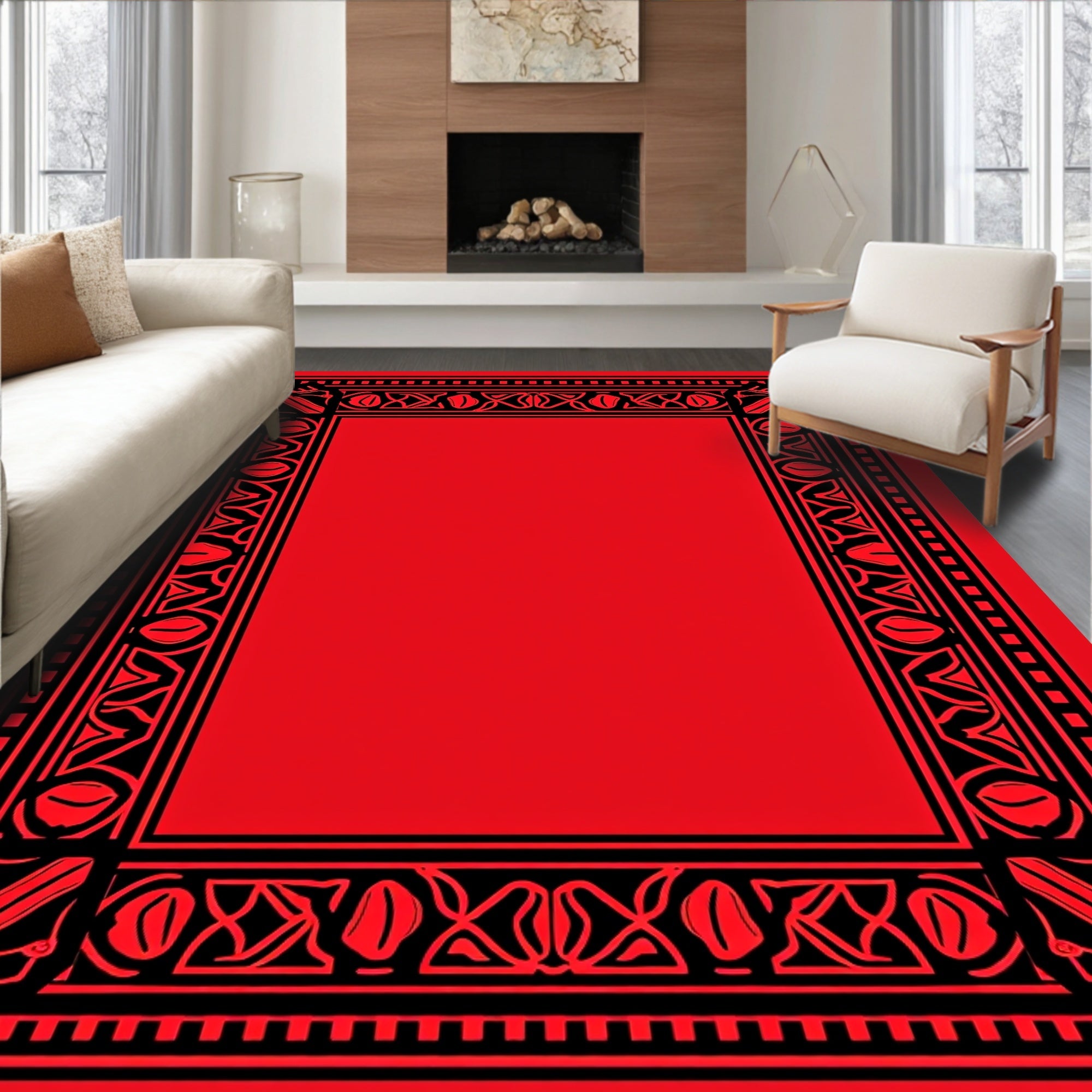 Bold Red Geometric Floral Border Rug