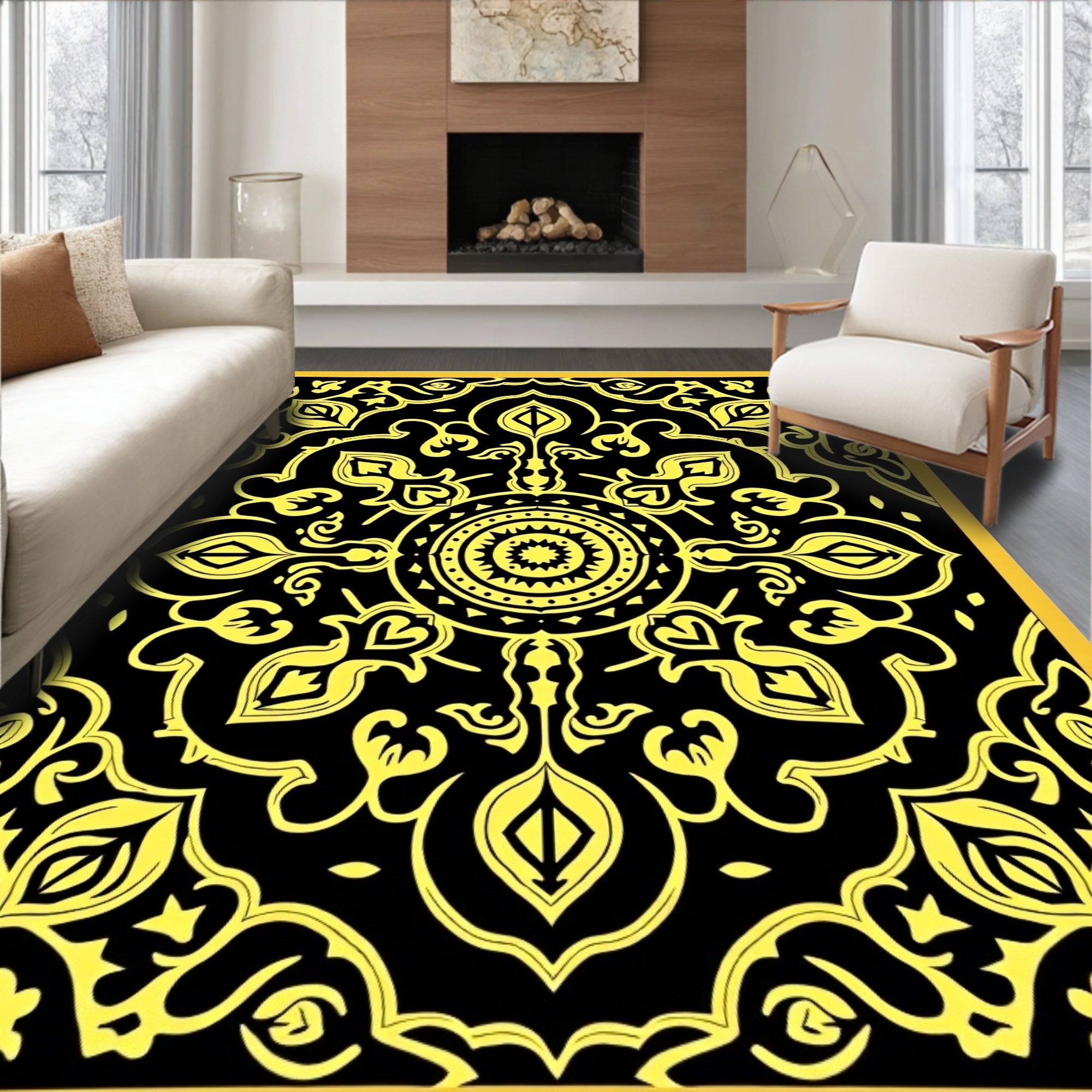Black Yellow Medallion Allover Rug