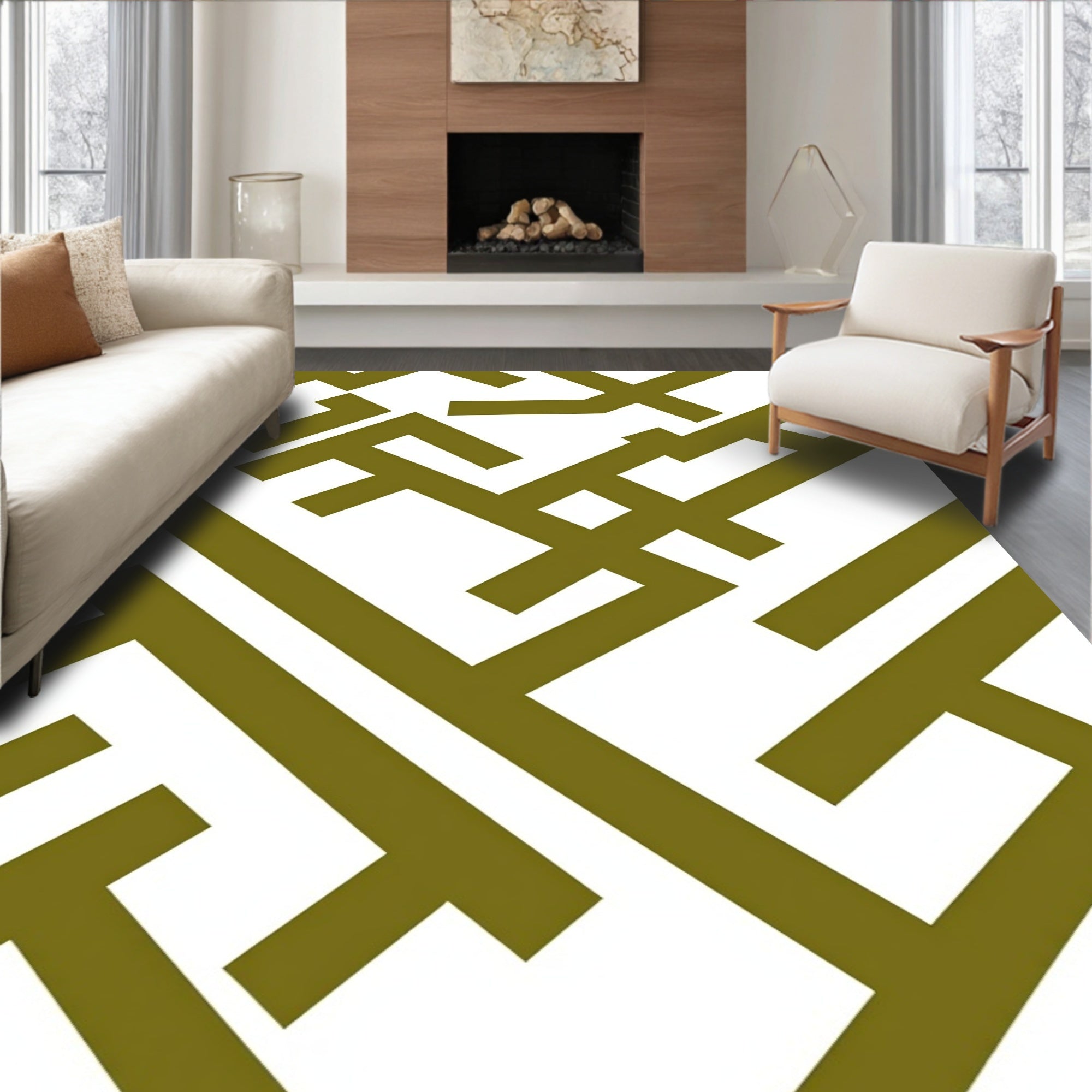 Olive Green Geometric Maze Rug