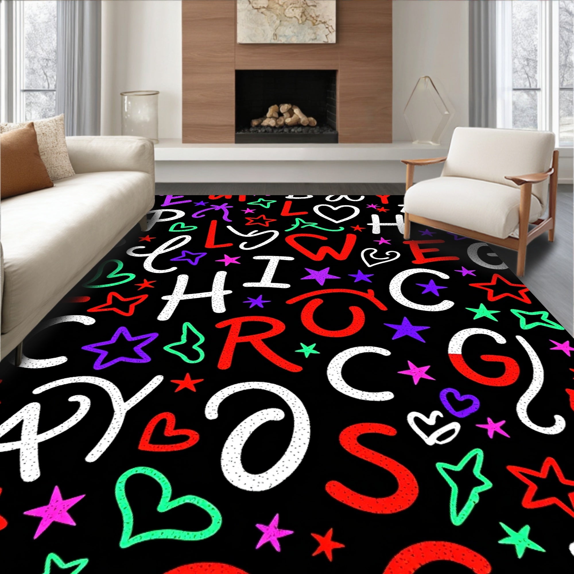 Colorful Alphabet Hearts Stars Rug