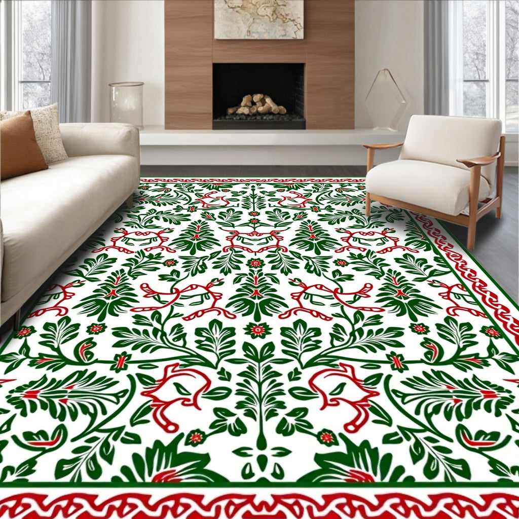 Intricate Red Green Floral Scroll Rug