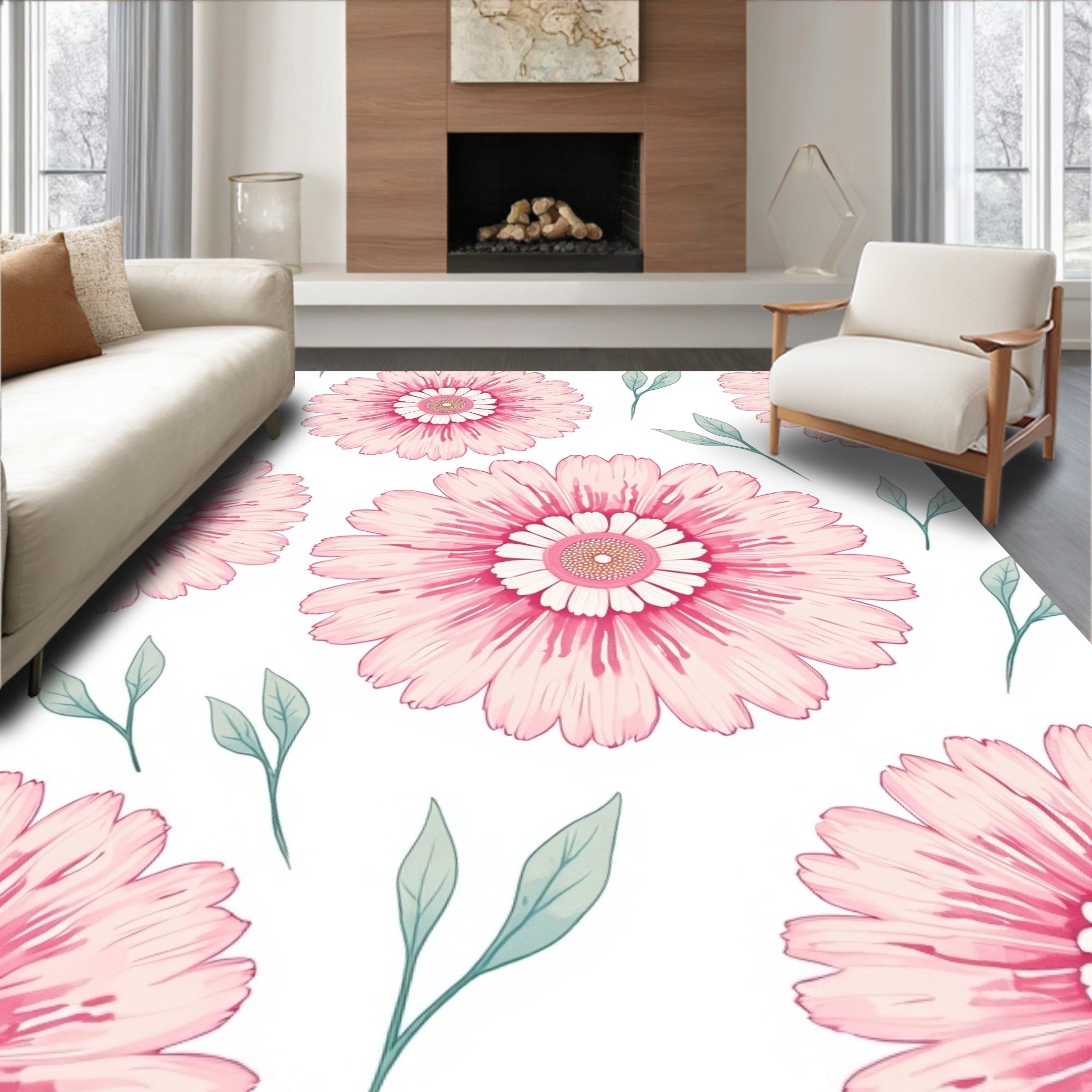 Pink Floral Daisy Meadow Rug