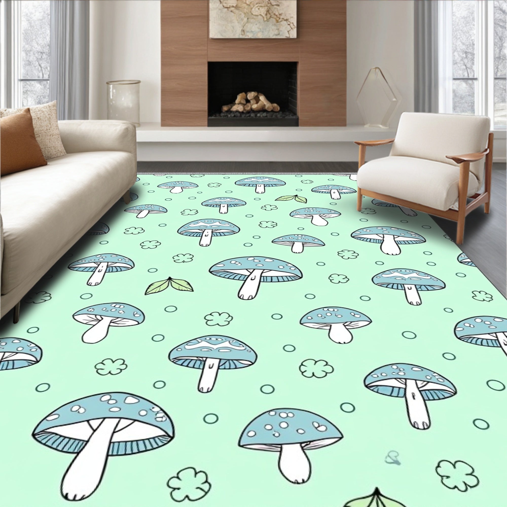 Cute Blue Mushroom Whimsical Forest Rug