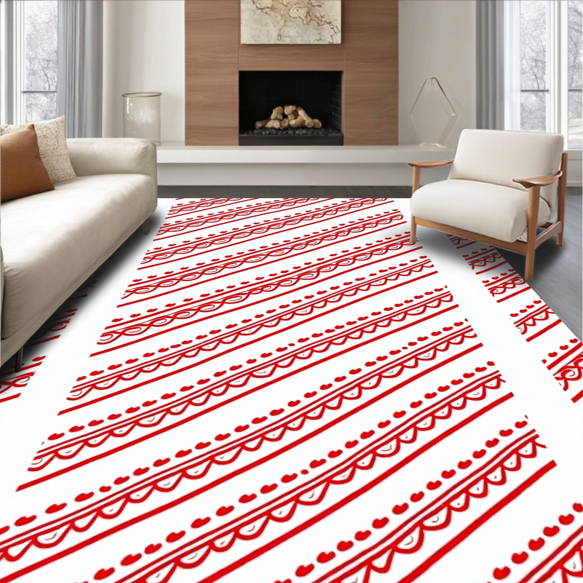 Red White Diagonal Heart Stripe Ribbon Rug