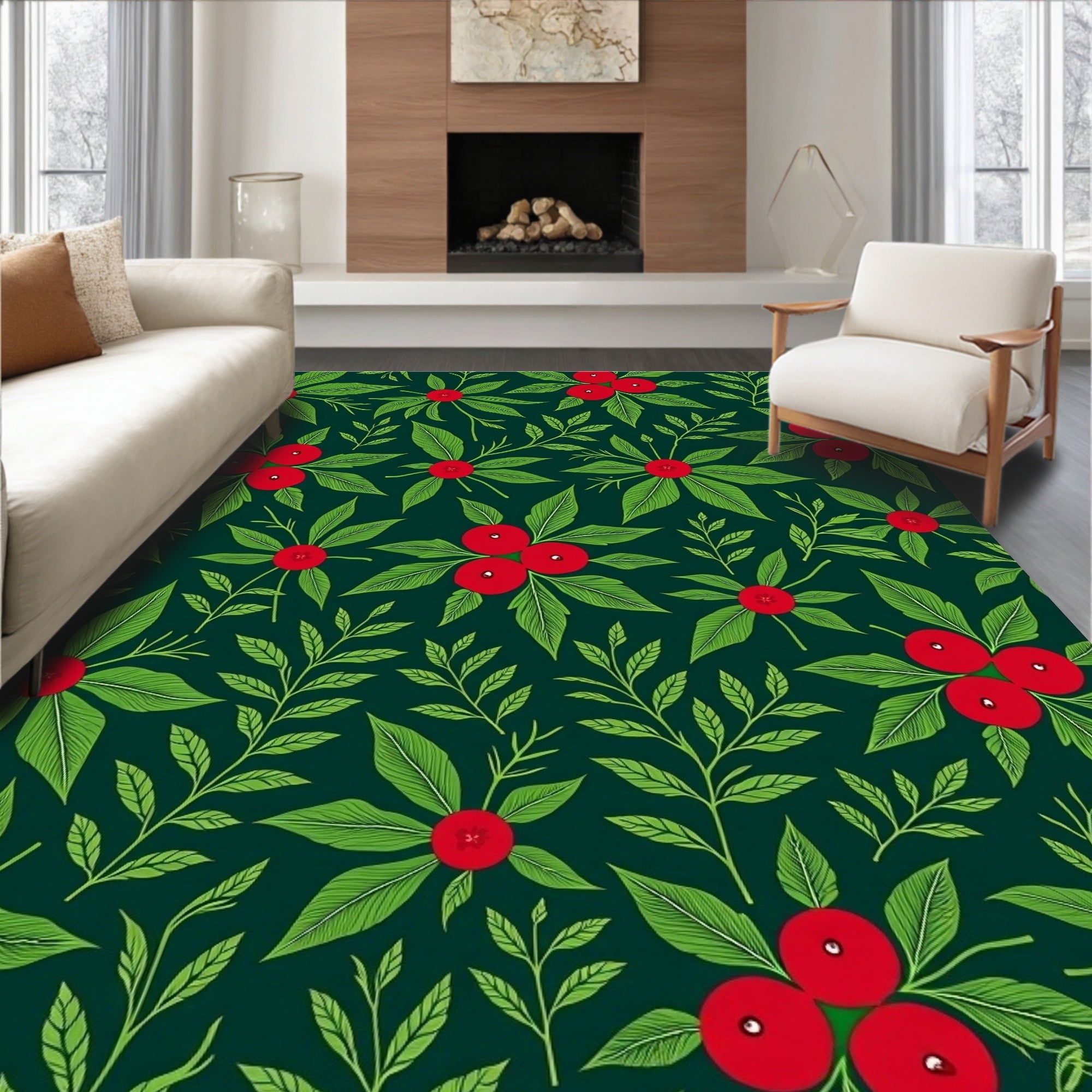 Festive Green Red Berry Foliage Rug