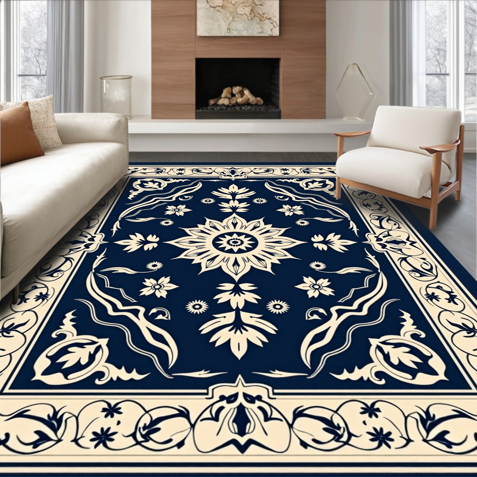 Deep Blue Ivory Floral Medallion Border Rug