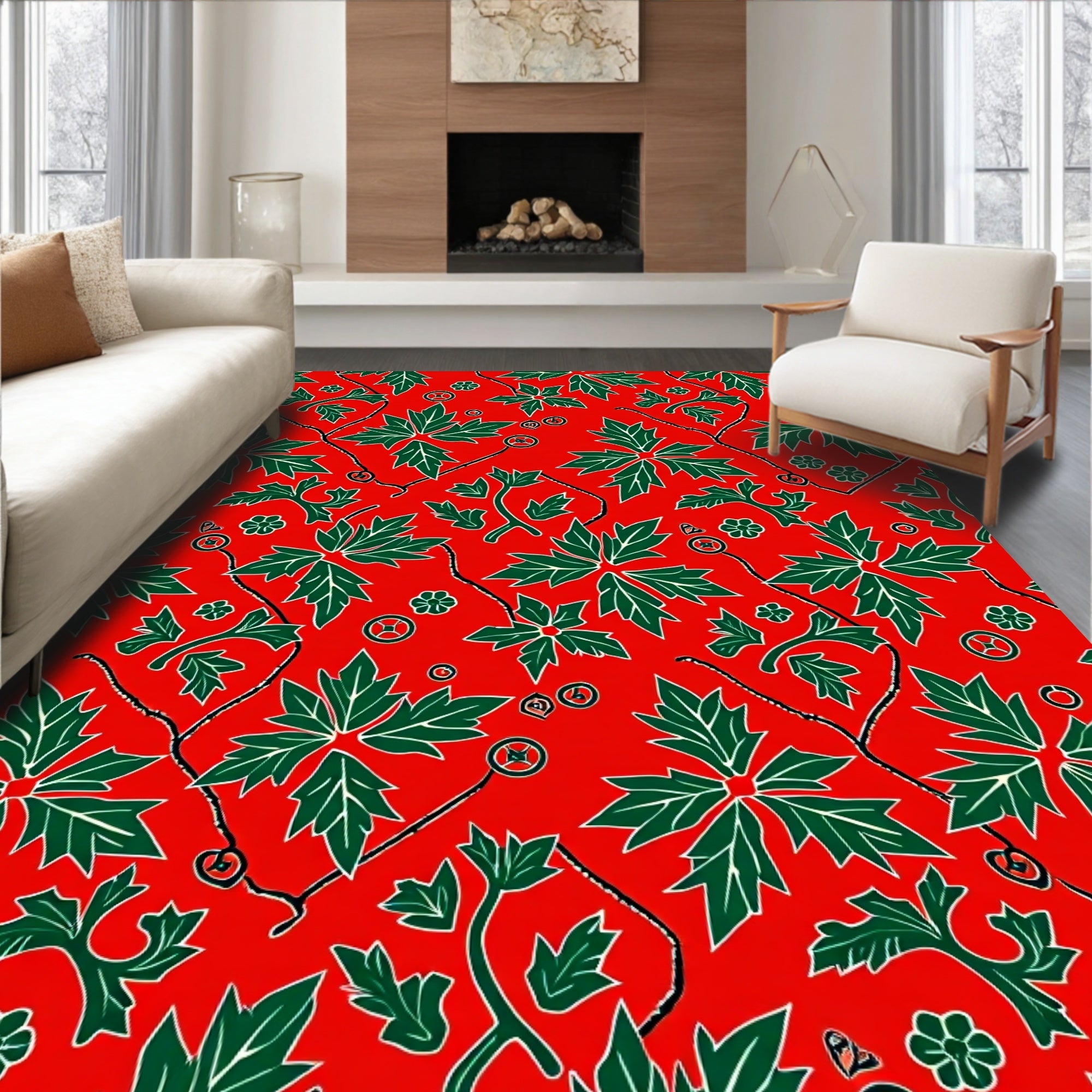 Scarlet Green Leaf Vine Intricate Rug