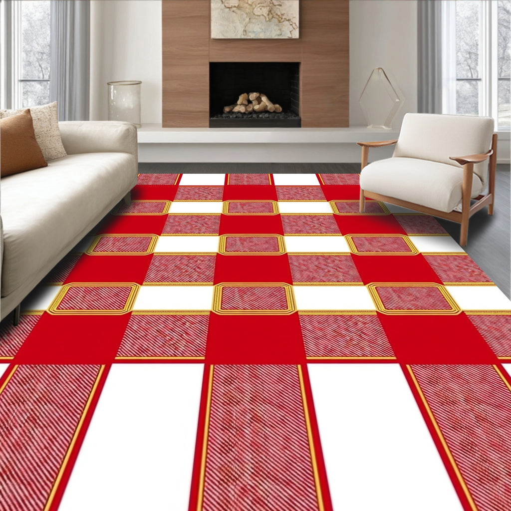 Red White Gingham Gold Rectangular Border Rug