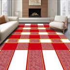 Red White Gingham Gold Rectangular Border Rug
