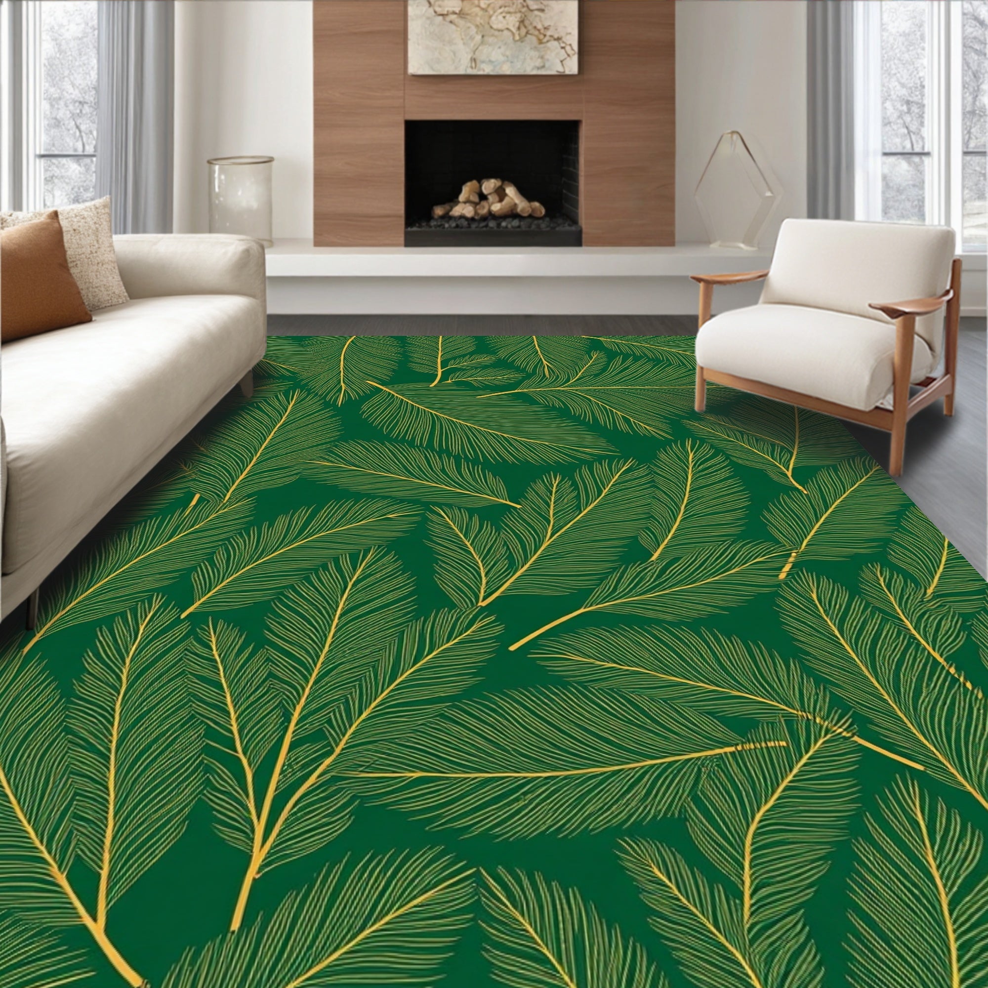 Emerald Green Golden Feather Arrangement Rug