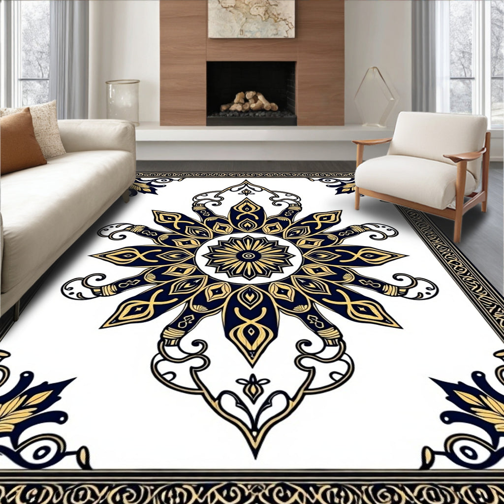 Ornate Navy Gold Floral Mandala Rug