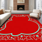 Festive red aqua cat ornaments border Rug