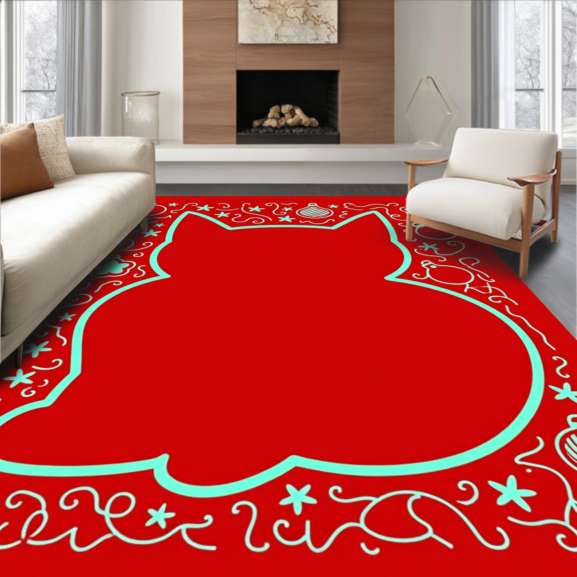 Festive red aqua cat ornaments border Rug
