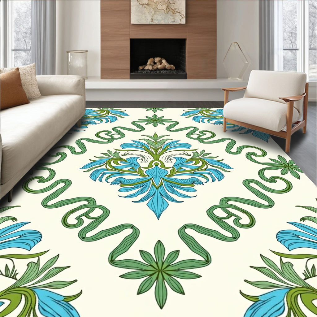 Blue Green Floral Swirl Arrangement Rug
