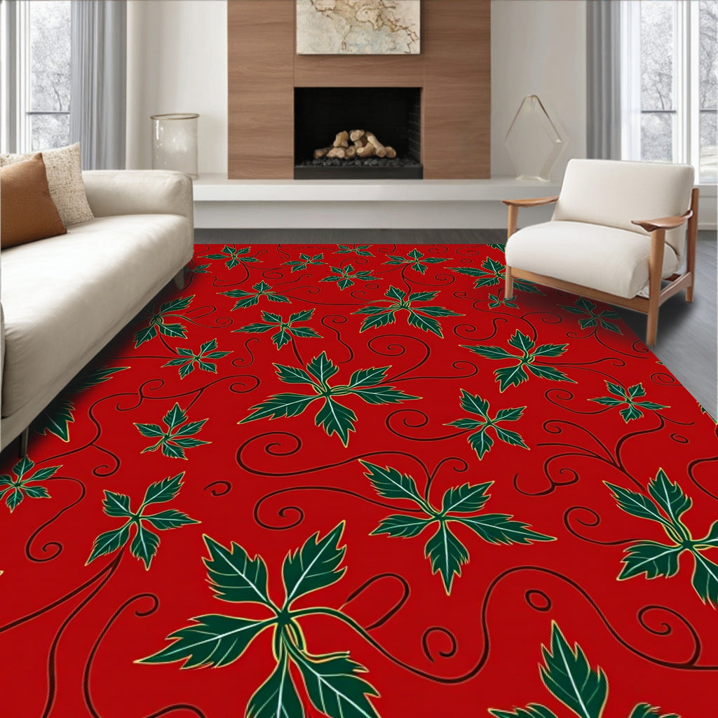 Crimson Green Leafy Vine Swirls Rug