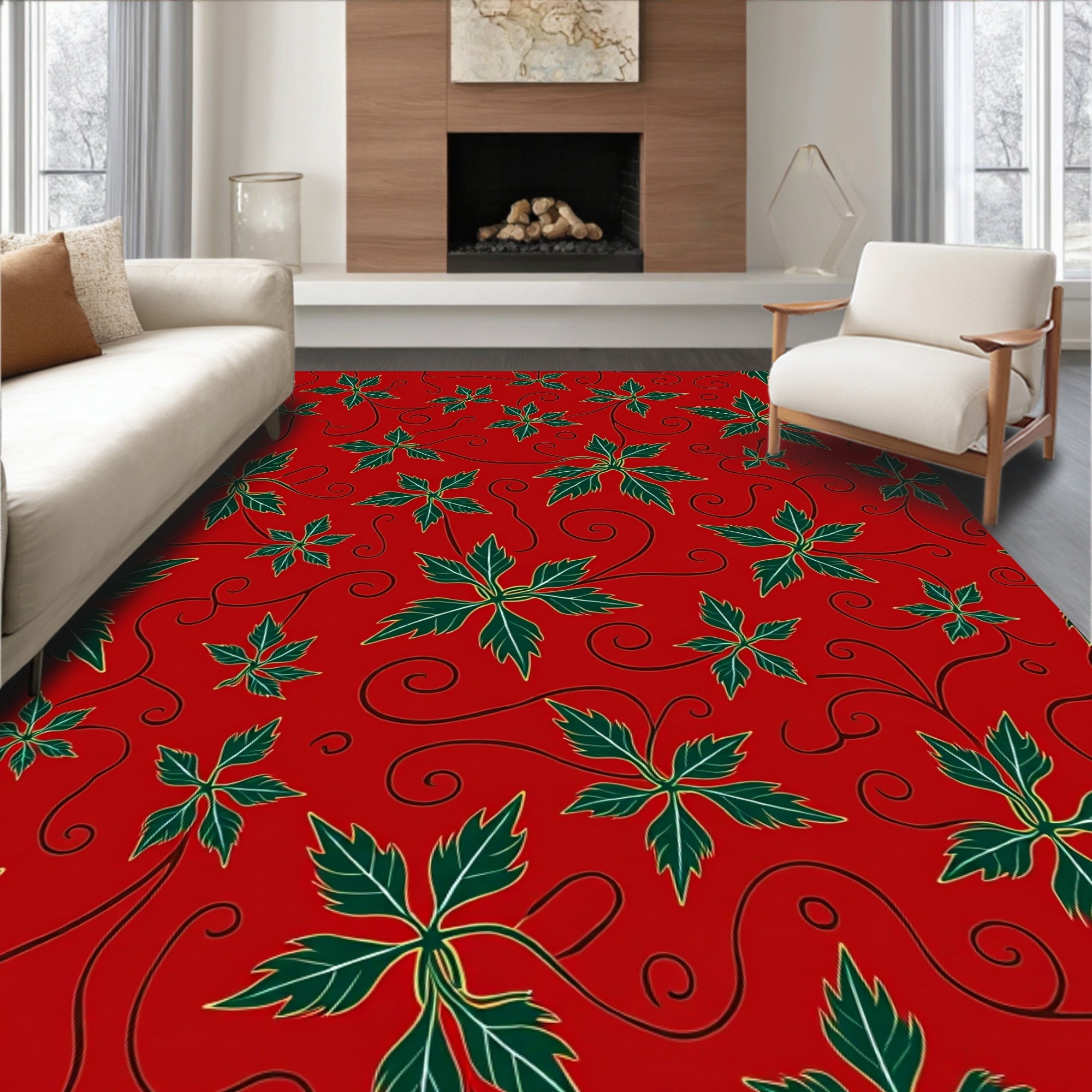 Crimson Green Leafy Vine Swirls Rug