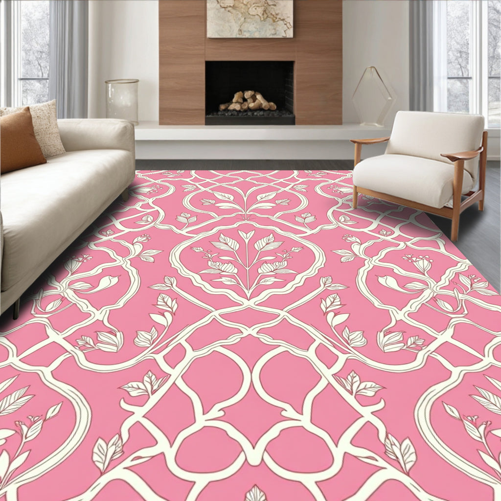 Pink White Floral Trellis Rug
