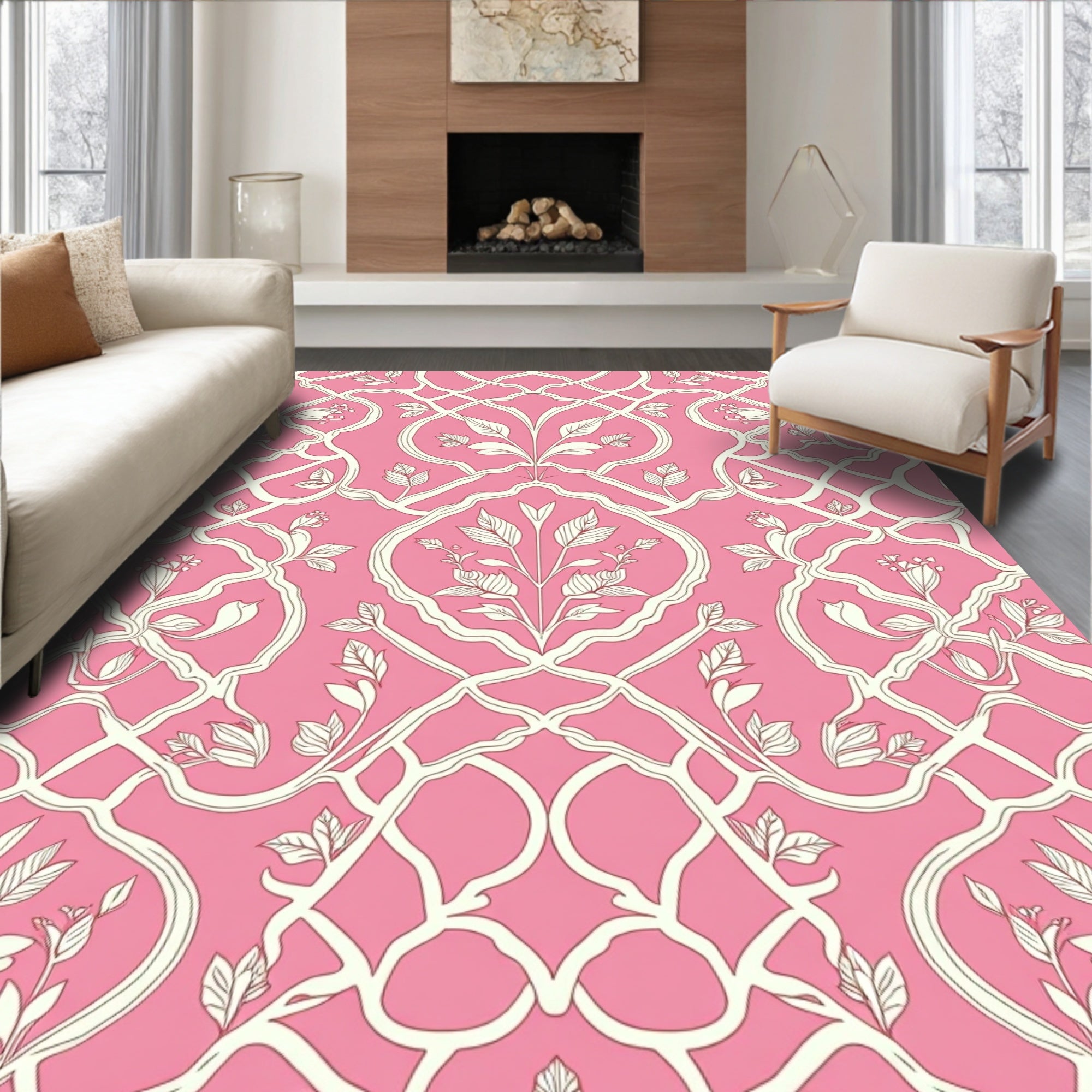 Pink White Floral Trellis Rug