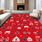 Crimson White Village Trees Snowflakes Rug