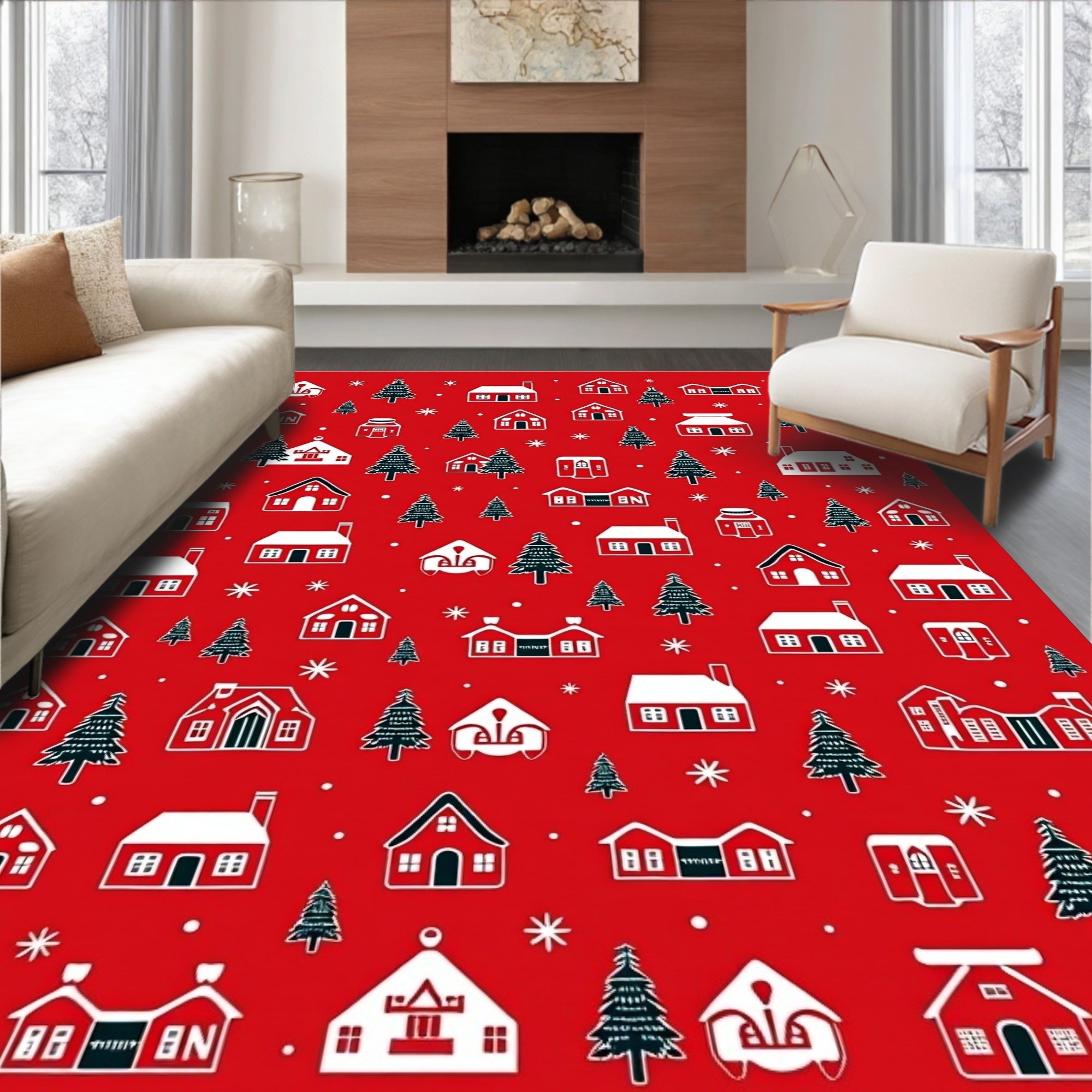 Crimson White Village Trees Snowflakes Rug