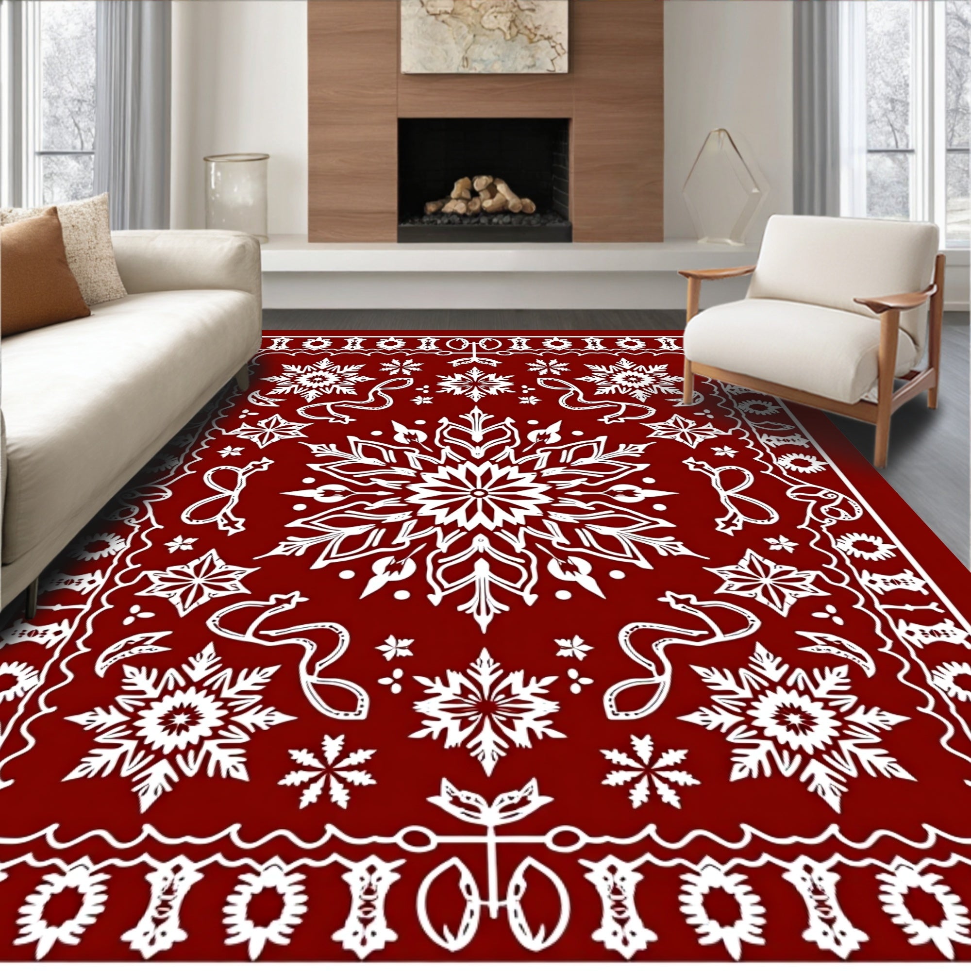 Crimson Snowflake Medallion Scroll Rug