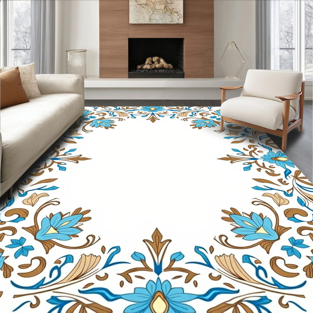 Blue Brown Floral Vine Border Rug