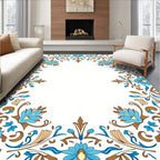 Blue Brown Floral Vine Border Rug