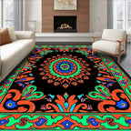 Vibrant Black Orange Green Blue Medallion Rug
