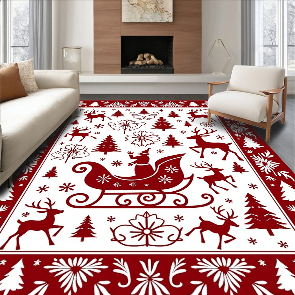 Festive Red Santa Sleigh Deer Garland Rug
