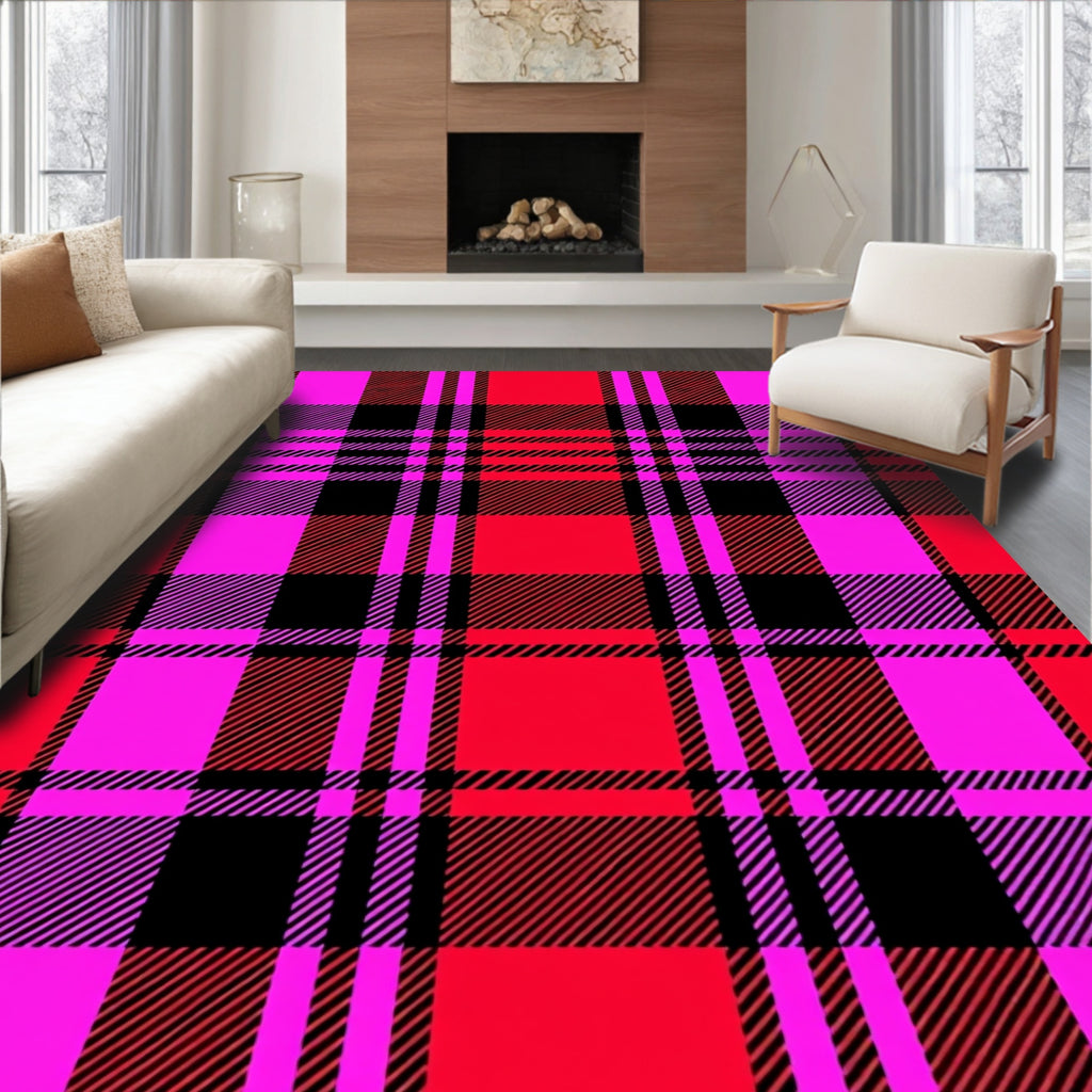 Vibrant Red Pink Black Plaid Rug