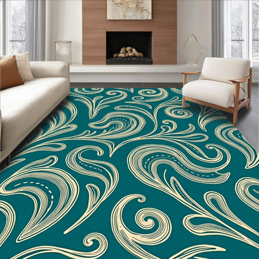 Teal Cream Swirling Vines Flourish Rug