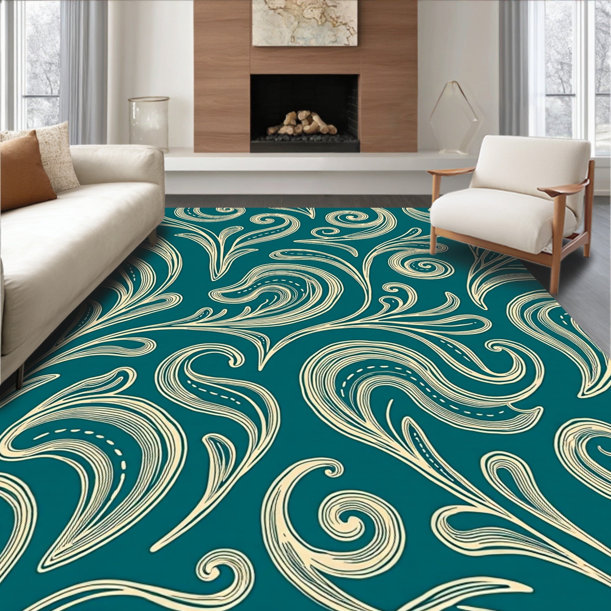 Teal Cream Swirling Vines Flourish Rug