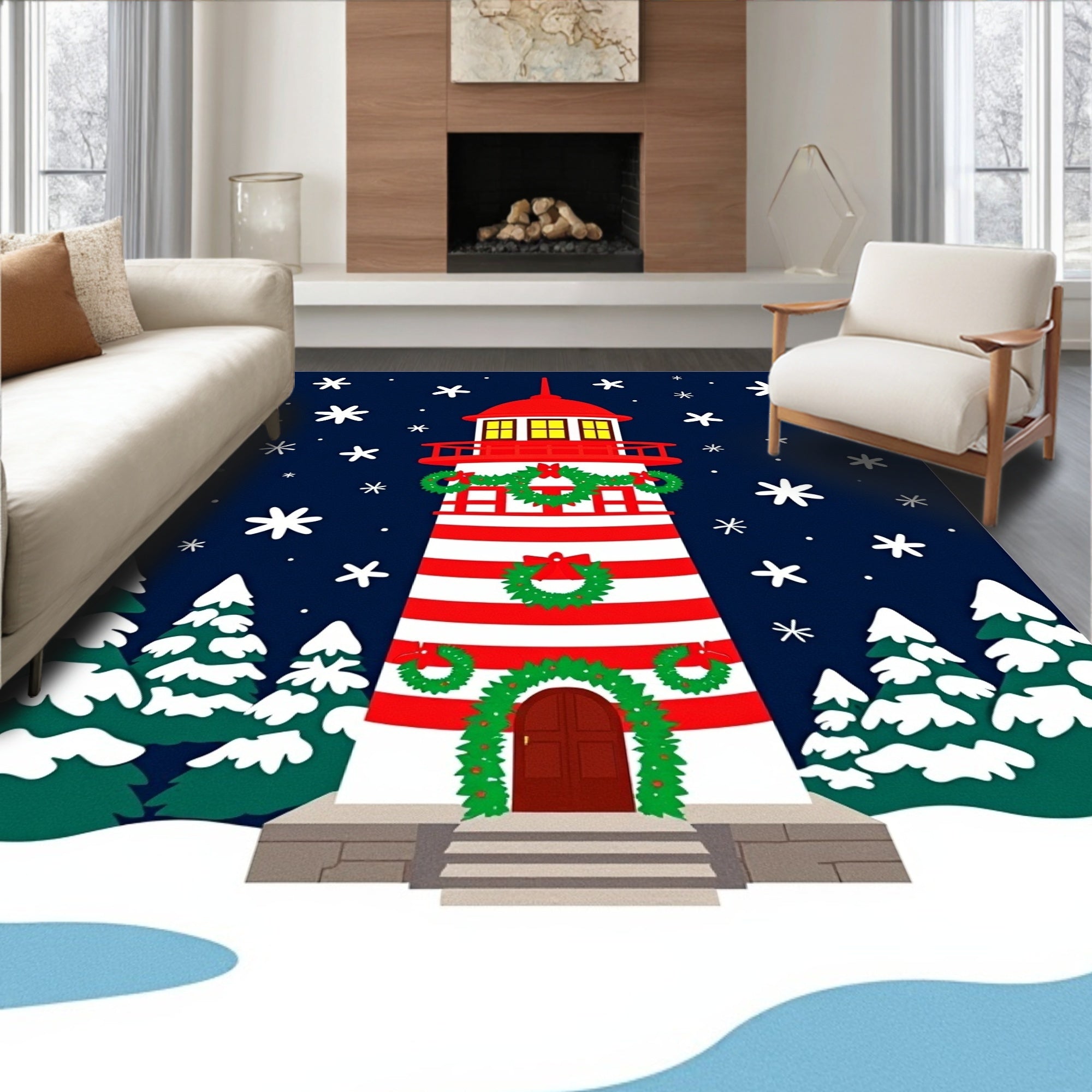 Red White Striped Lighthouse Snowscape Wreath Rug