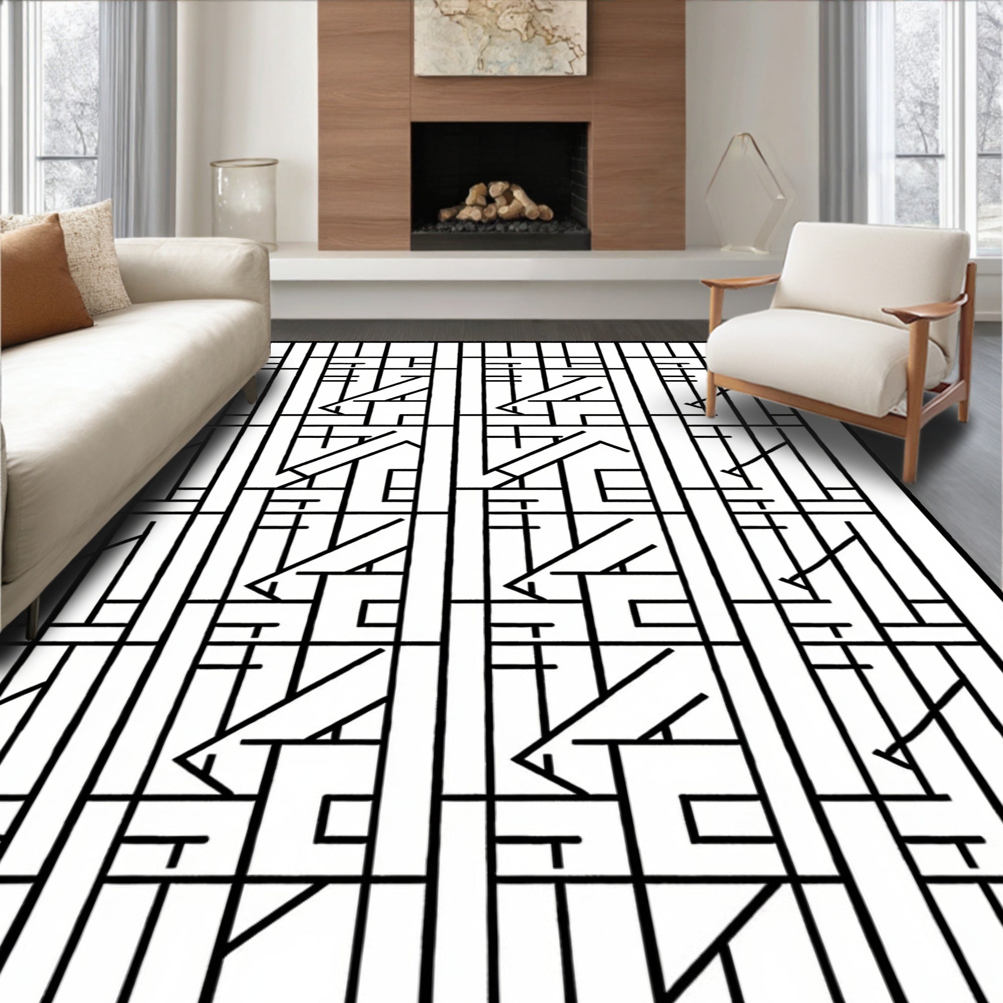 Monochrome Geometric Labyrinth Interlock Rug