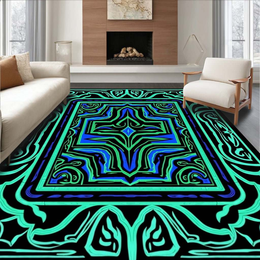 Vibrant Teal Blue Geometric Symmetry Rug