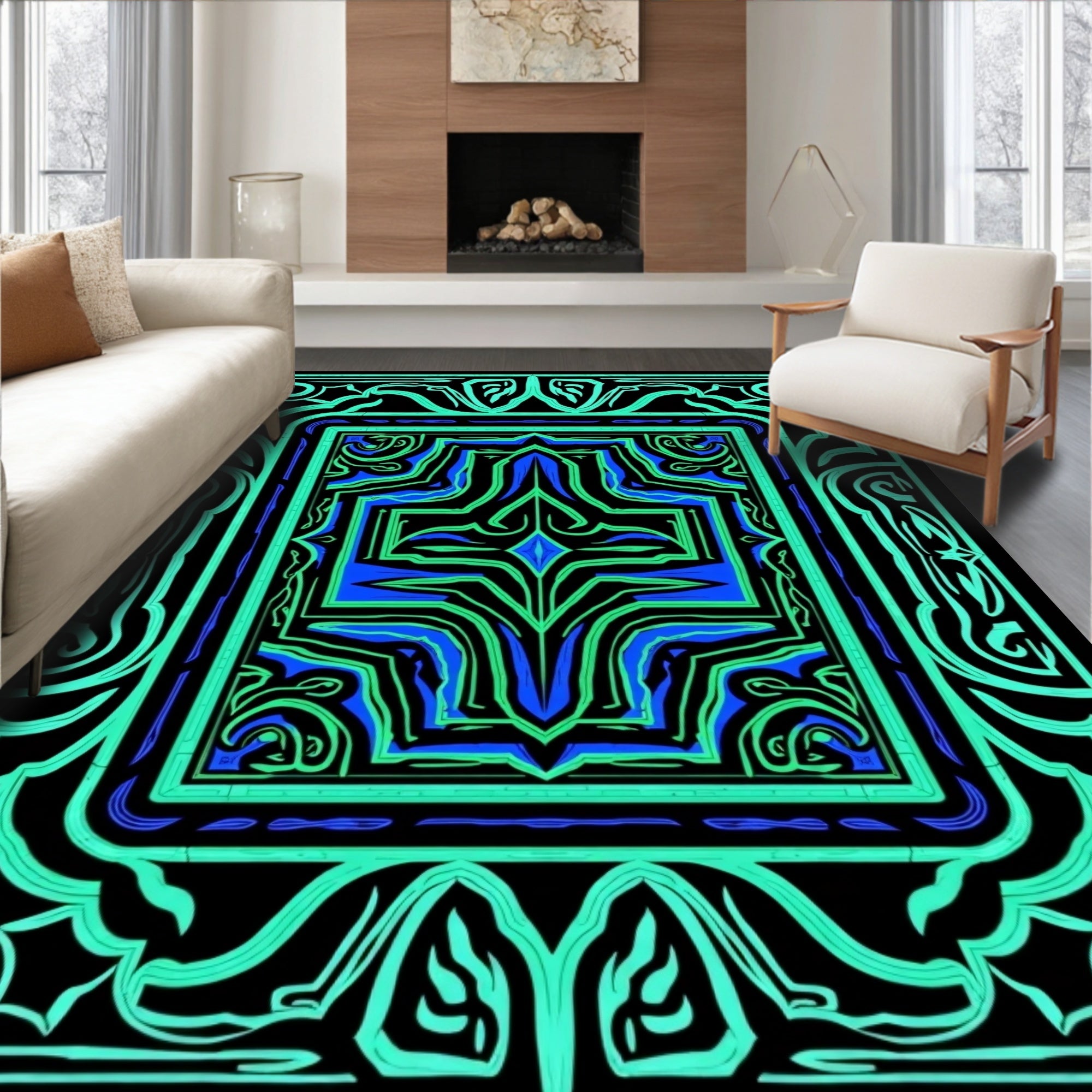 Vibrant Teal Blue Geometric Symmetry Rug