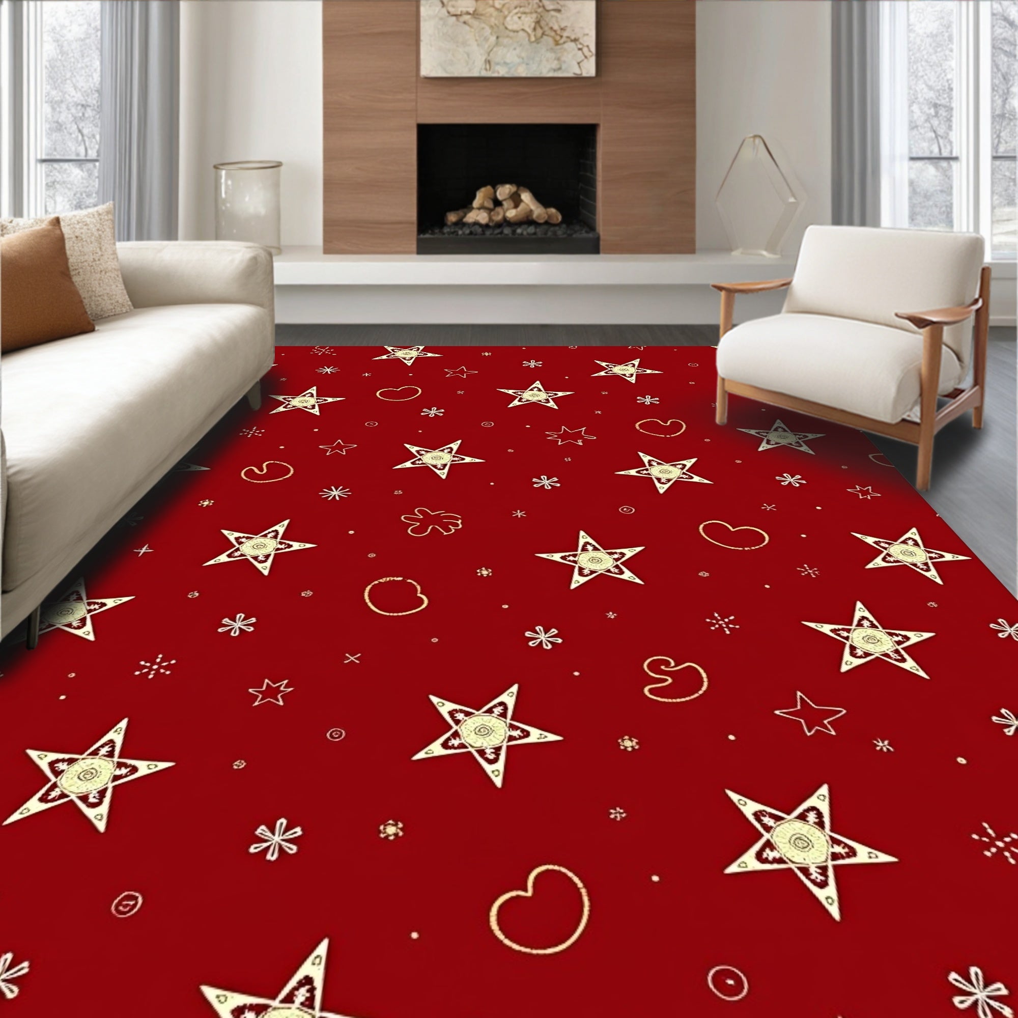 Red Golden Stars Whimsical Hearts Rug