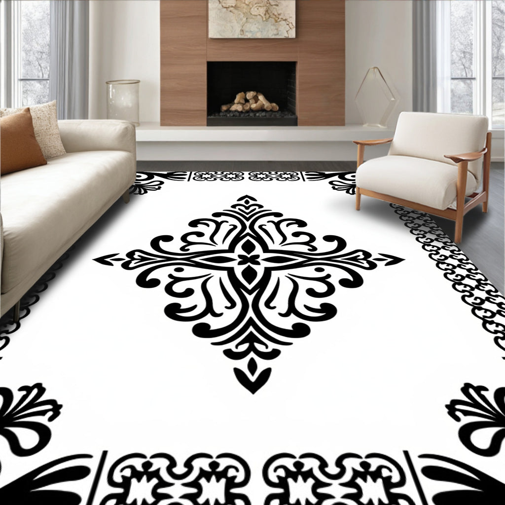 Elegant Black Floral Starburst Medallion Rug