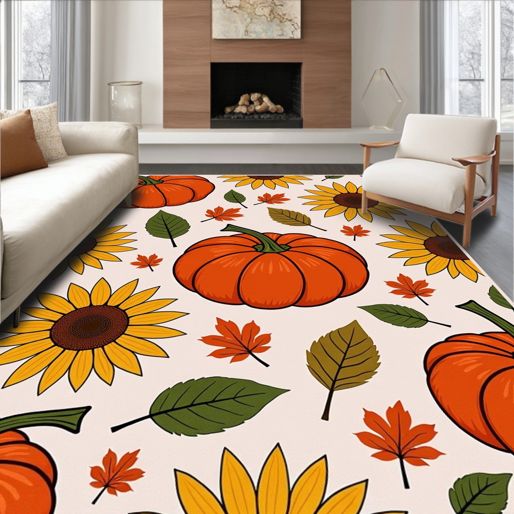 Orange Pumpkin Sunflower Autumn Leaves Rug