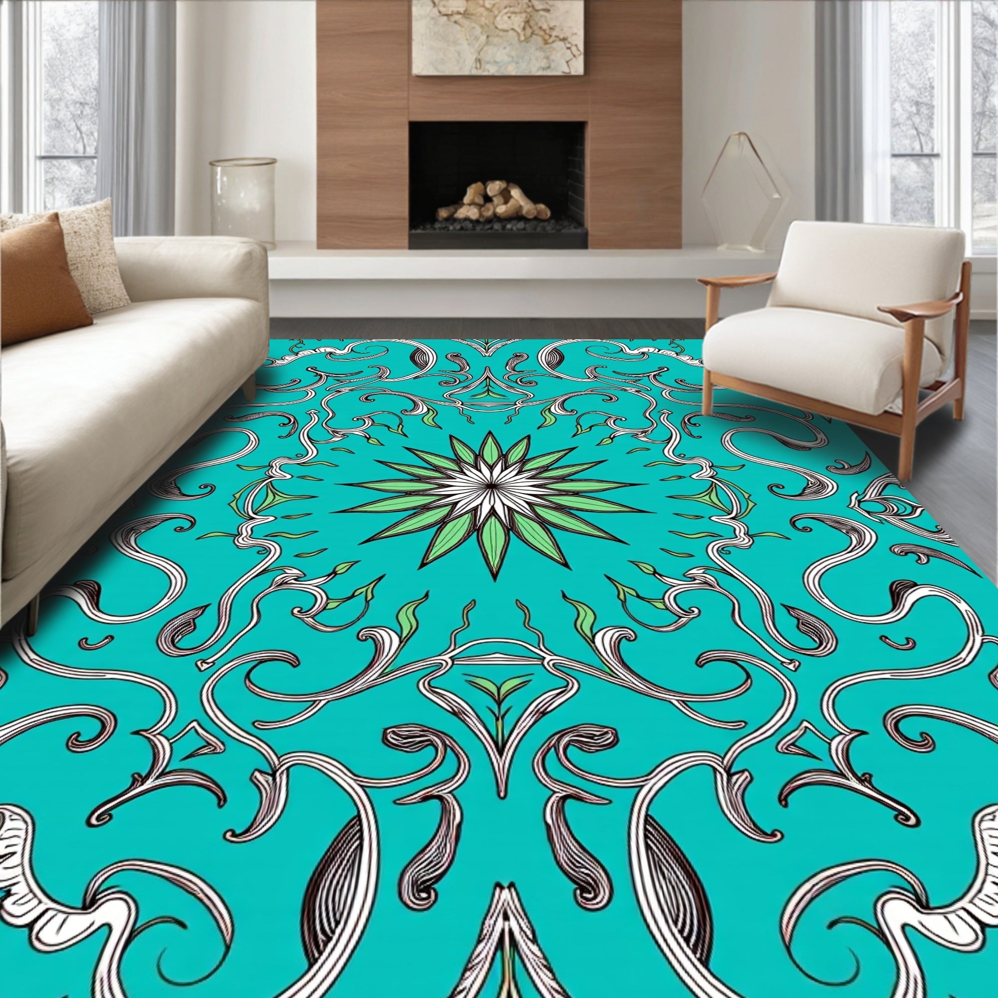 Teal Floral Vine Medallion Rug