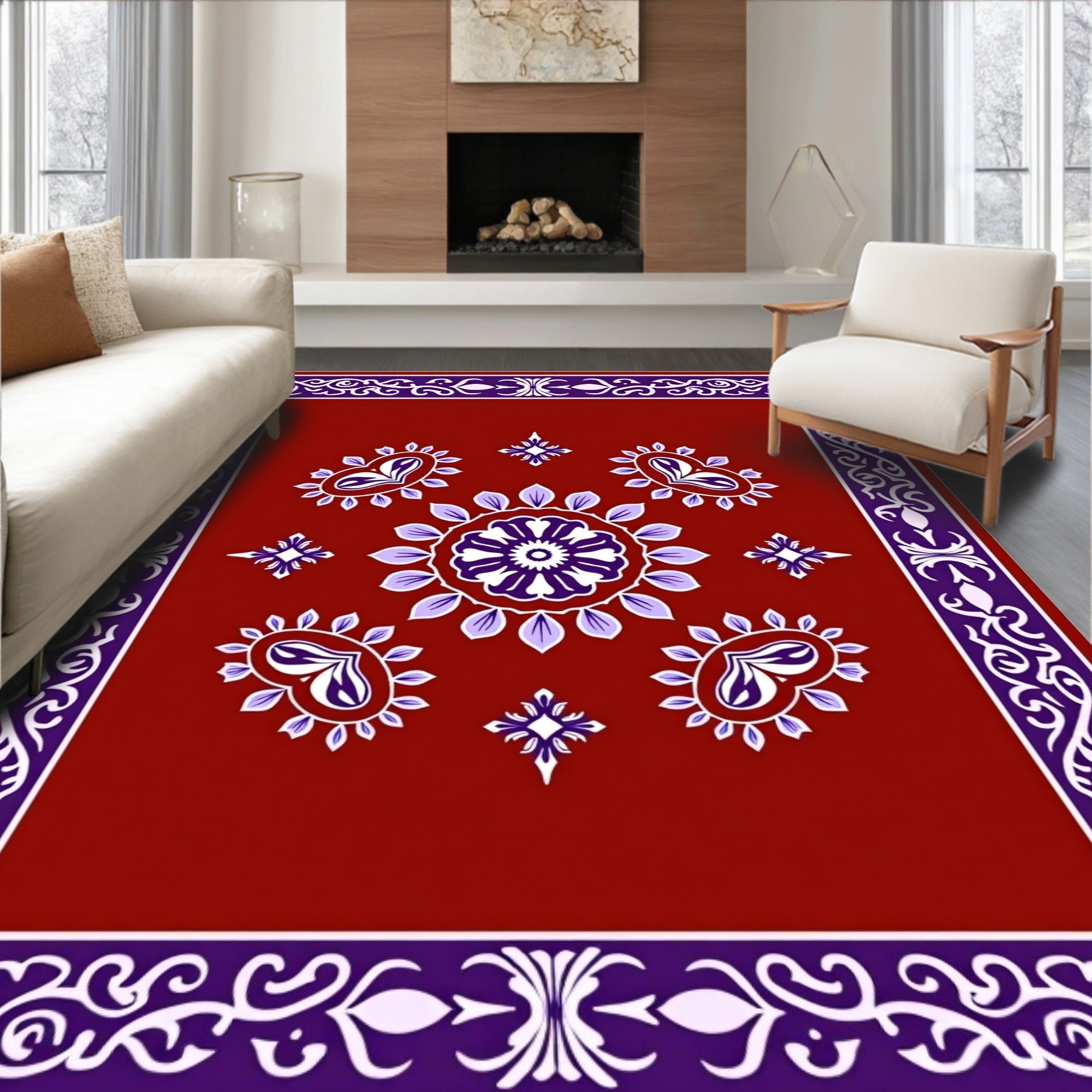 Rich Red Paisley Medallion Border Rug