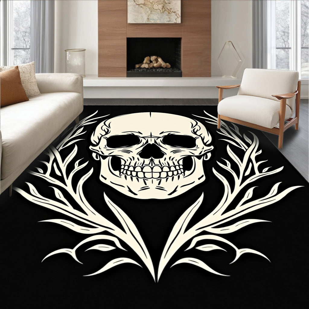 Ivory Skull Laurel Wreath Black Rug