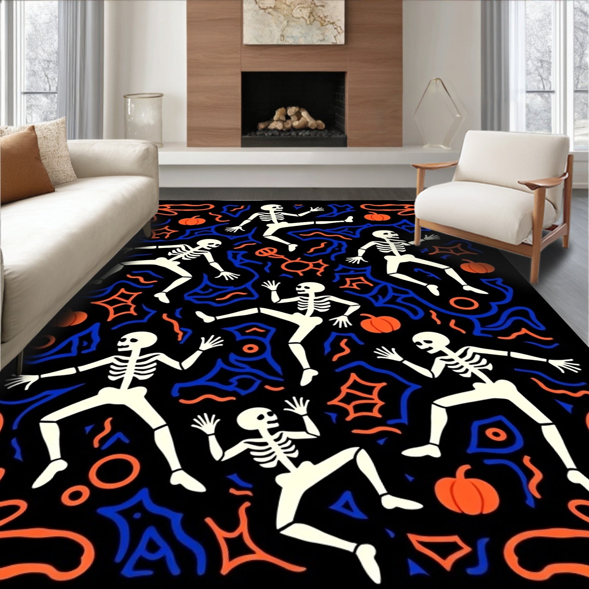 Dancing Skeletons Orange Blue Black Rug