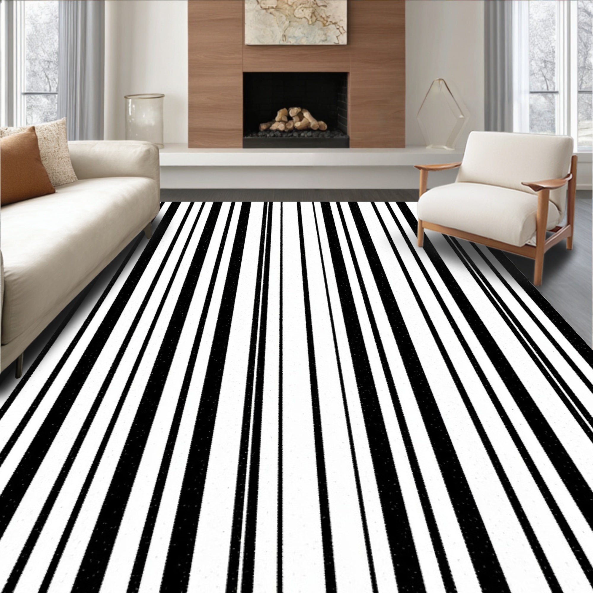 Black White Uneven Linear Arrangement Rug