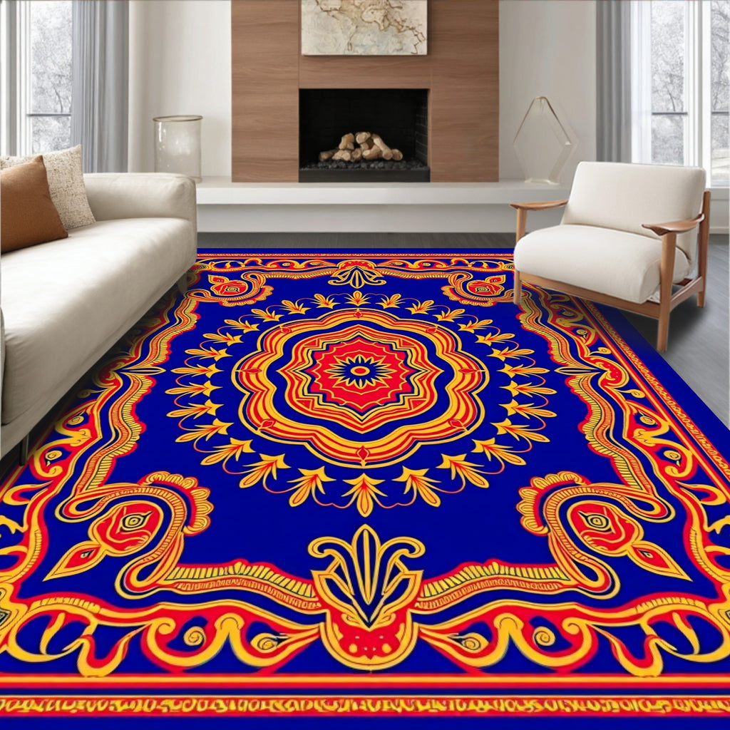 Royal Blue Red Yellow Medallion Border Rug